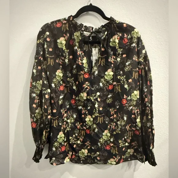 NWT Alice + Olivia Julius Tie Neck Tunic Top – Blush Kiss Black Floral Medium - Picture 3 of 8